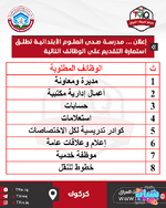اعلان .. فتح استمارة التقديم على وظائف مدرسة صدى العلوم الأبتدائية