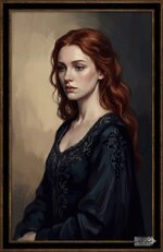 لوحة ذهبية لامرأة بشعر أسود طويل بأسلوب فني واقعي وهادئ