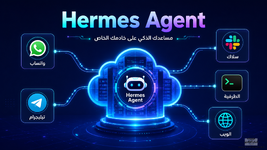 رسم تقني يوضح Hermes Agent متصلًا بخادم وواتساب وتليجرام وأدوات الويب