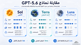 مقارنة بين GPT-5.6 Sol و Terra و Luna من حيث الأداء والسرعة والسعر والاستخدام